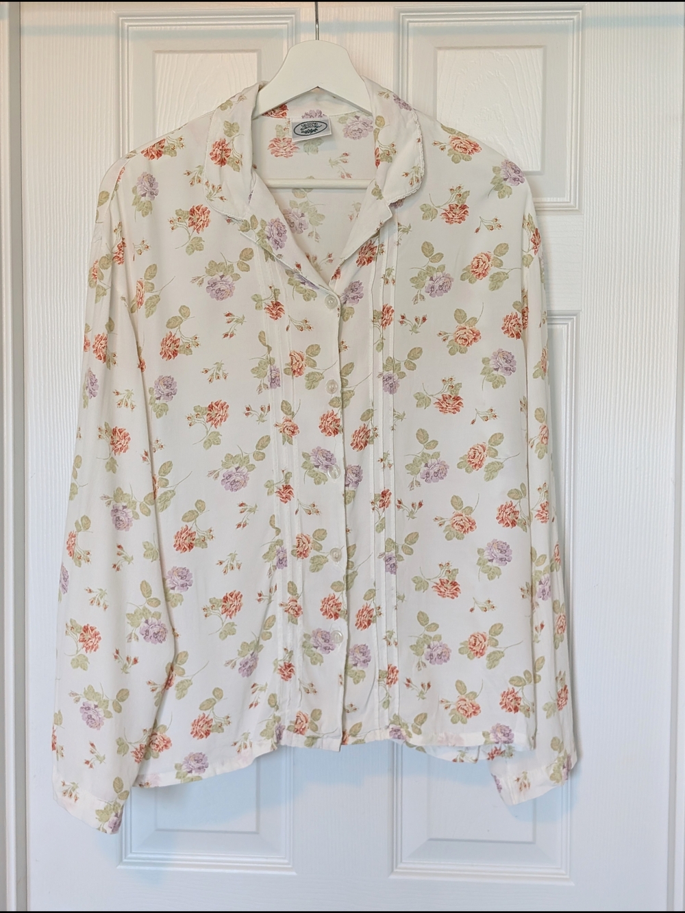 Vintage Laura Ashley Cream Blouse with Pink & Lavender Floral Print - Small